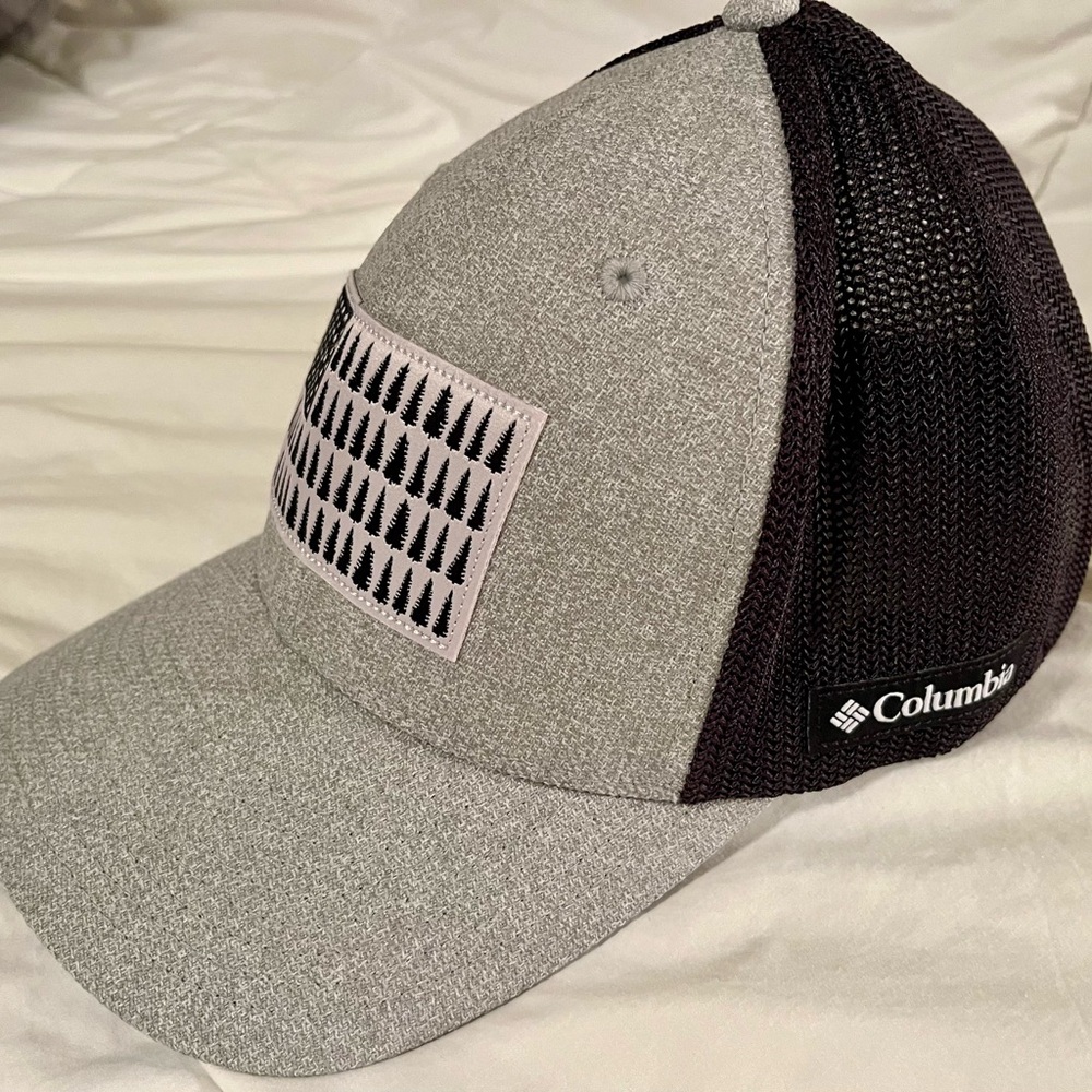 Columbia PFG Mesh Flexfit Hat Tree Flag Patch Fitted Trucker Cap Grey Black, L